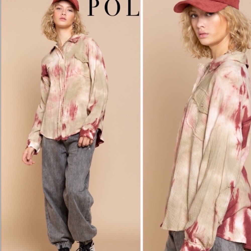 POL Tie Dye Button Down Shirt Womens Small‎ Green Cream Excellent Oversized Boho